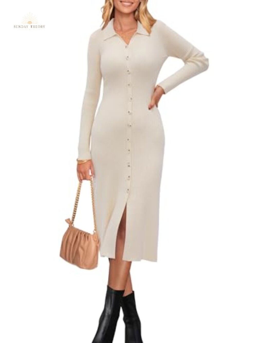 Ribbed Knit Sweater Dress Long Sleeve V-Neck Midi Bodycon Women's
